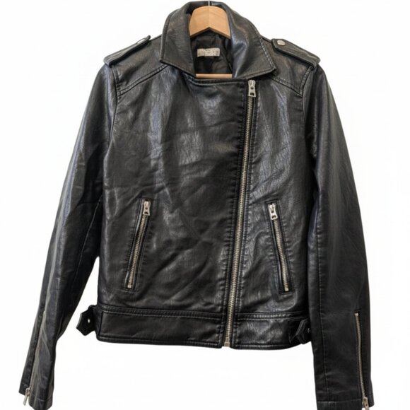 Topshop Faux Leather Moto Jacket Black Size 6 Vintage Style Full Zip - Picture 1 of 13